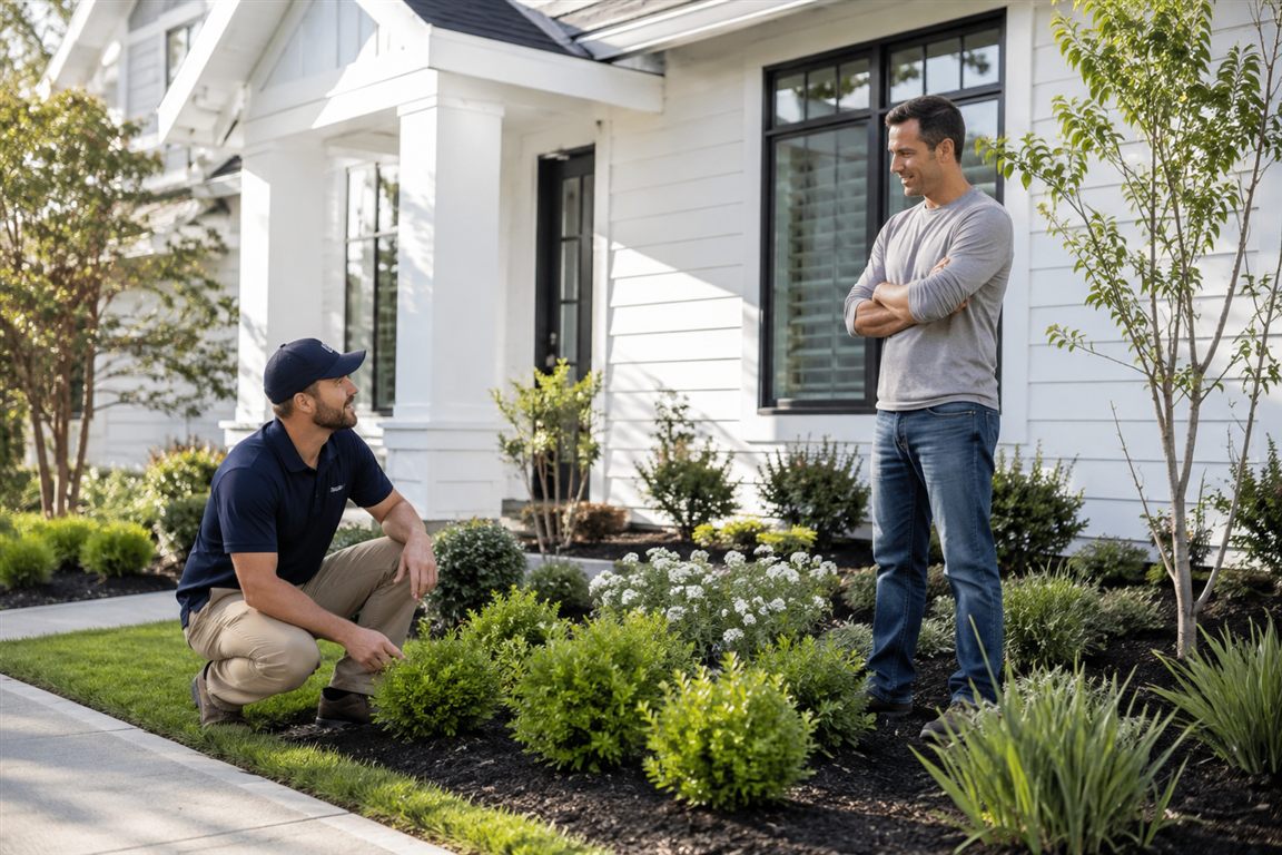Landscaping professional discussing a home garden with a customer
