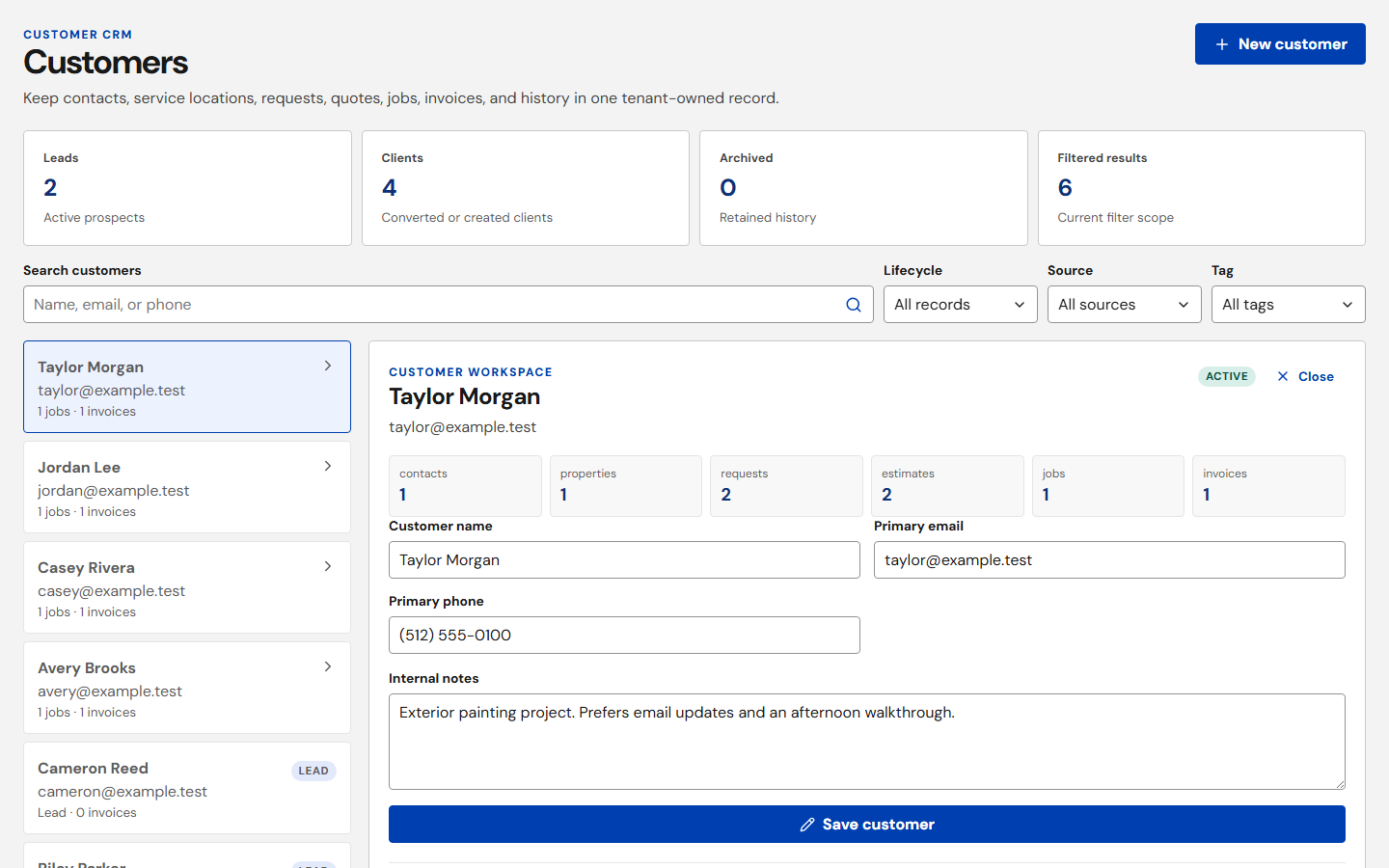 Quote Your Jobs customer workspace showing demonstration contact records and customer organization tools.