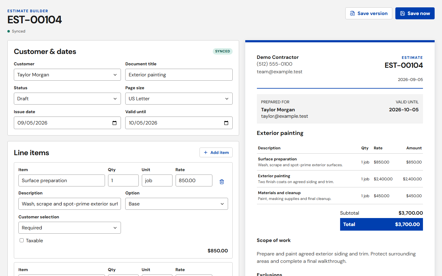 Quote Your Jobs estimate editor showing itemized work, document details and a customer-facing preview with demonstration data.
